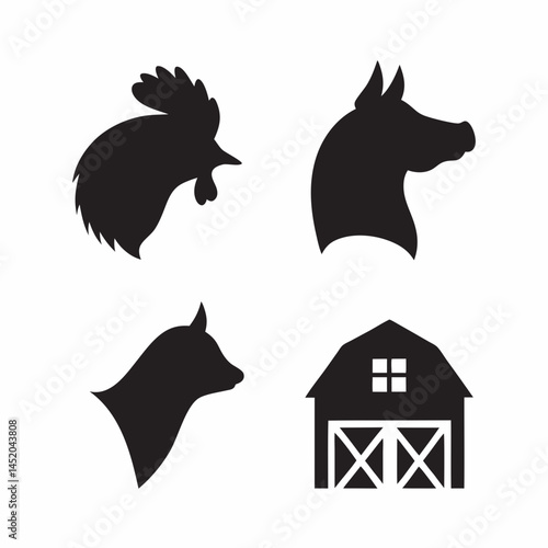 Farm animal silhouettes rooster horse cow barn simple black and white graphic design bold shapes strong contrast clean