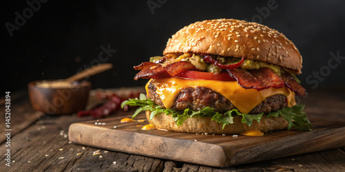Juicy bacon cheeseburger melted cheese dripping sesame bun rustic wooden board dark background