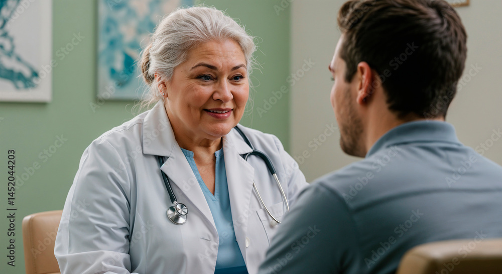 Fototapeta premium Elderly doctor smiling and engaging with patient in clinic 