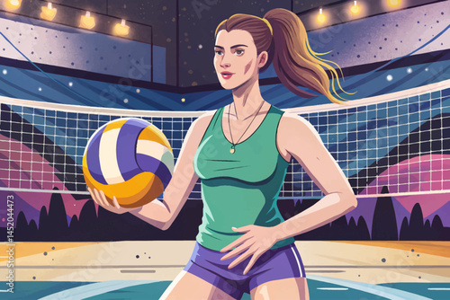 Female professional volleyball player holding ball vector , Strong action and fitness concept perfect for sports branding, athlete training visuals, and healthy lifestyle 