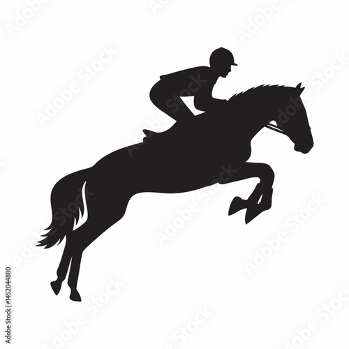 Powerful equestrian silhouette Rider and horse in mid jump dynamic shapes bold black and white contrast against a clean