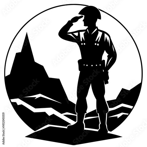 A soldier saluting against a mountainous silhouette a powerful black and white image showcasing strong shapes and