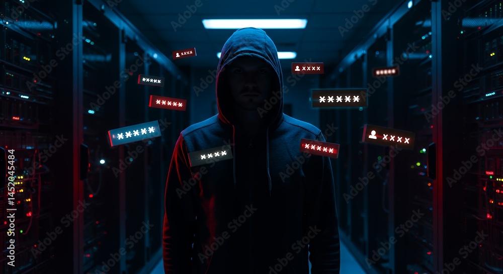 Person in Hoody Near Servers with Passwords Threatening Data Security