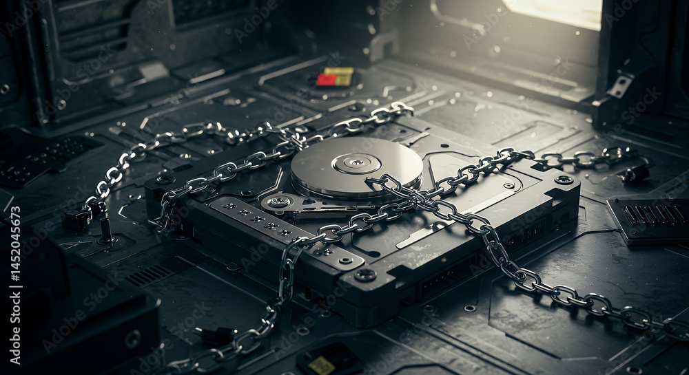 Hard Drive Secured by Metal Chain on Textured Metallic Surface