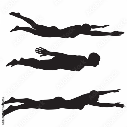 Graceful swimmer silhouettes in dynamic poses elegant black shapes against a white background showcasing streamlined