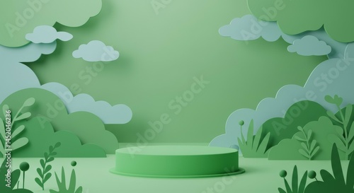 Product Display Platform with Green Plants and Clouds