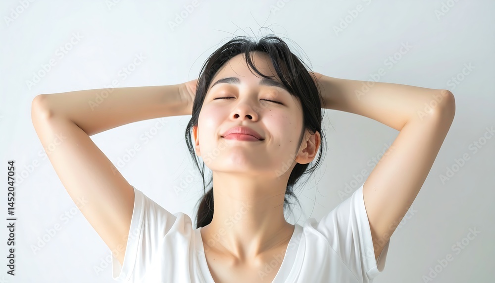 Tranquil Japanese Woman Enjoying a Morning Stretch with Closed Eyes Tranquil Japanese Woman Enjoying a Morning Stretch with Closed Eyes