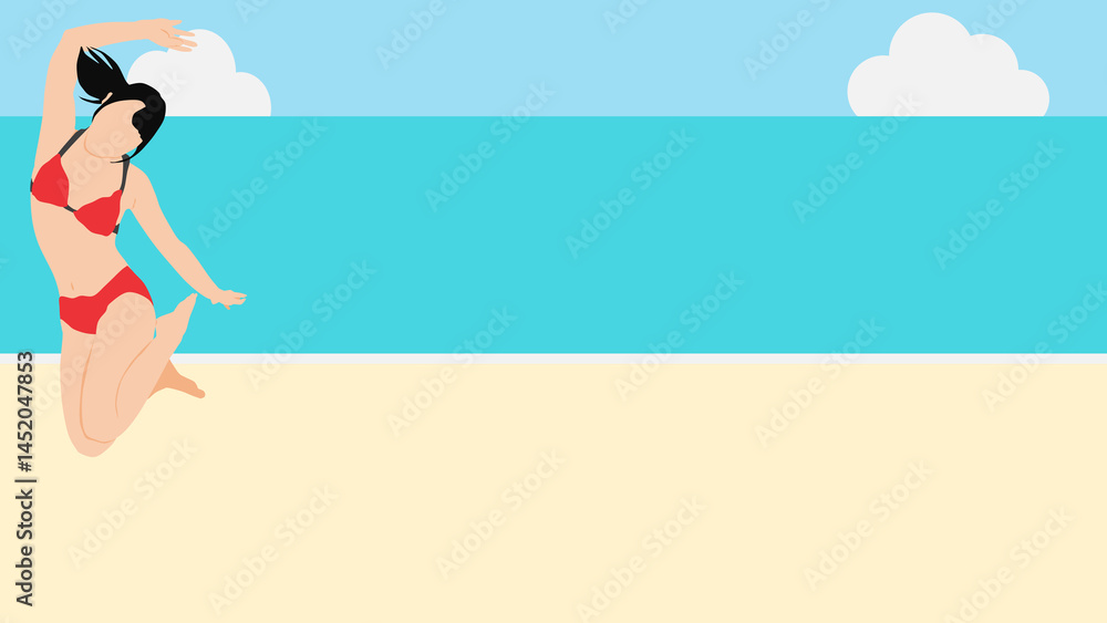 浜辺で夏休みを満喫する女性のイラスト(海水浴) 浜辺で夏休みを満喫する女性のイラスト(海水浴)