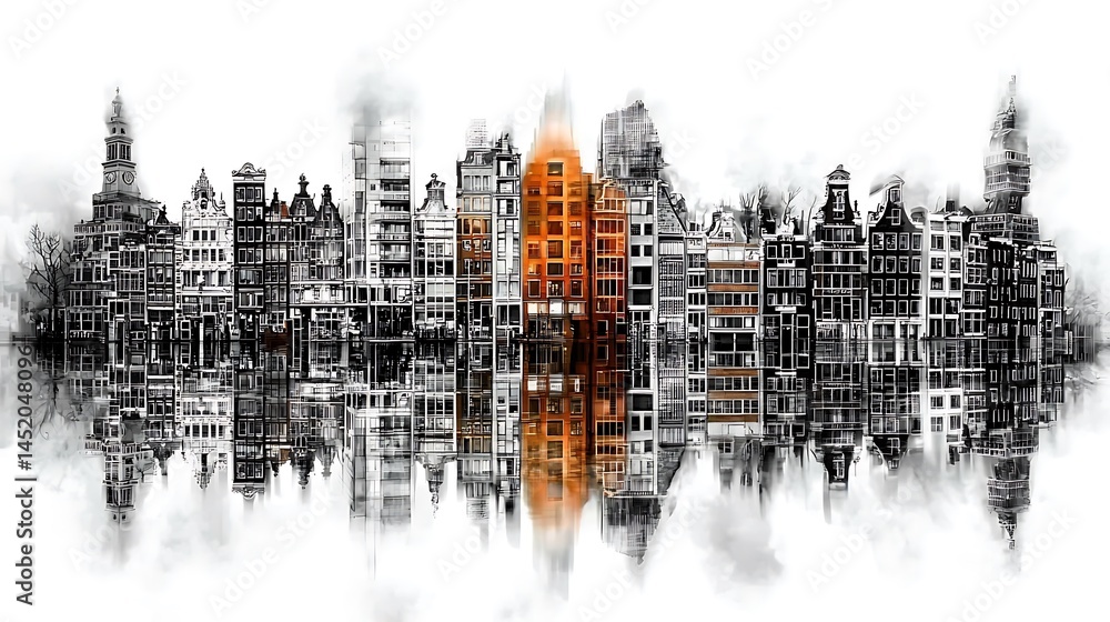 Fototapeta premium Monochrome city skyline with orange building reflection.