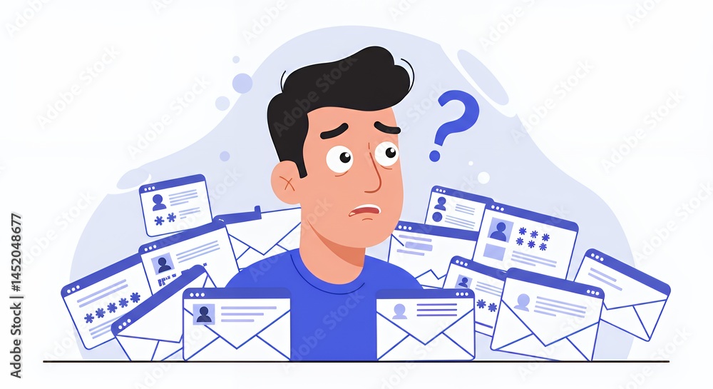 Man Surrounded by Emails and Web Pages in Confusion Digital Illustration