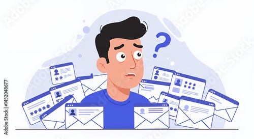 Obraz na płótnie Man Surrounded by Emails and Web Pages in Confusion Digital Illustration w salonie
