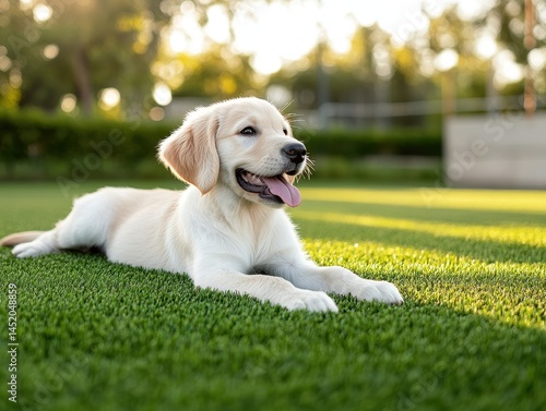 Golden Retriever puppy lying on artificial turf in backyard