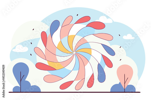 Long round-ended teardrops spiraling outward in tight formation
