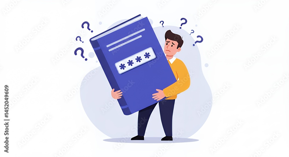 Man Carrying a Large Password Book with Question Marks Overhead