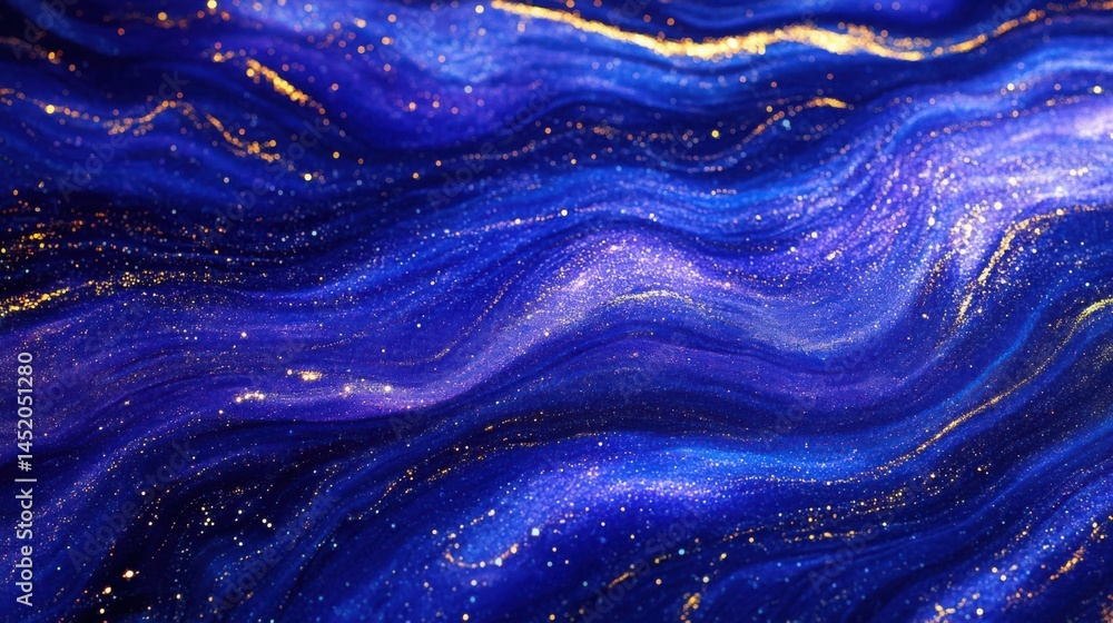 Obraz premium Abstract wallpaper of swirling cobalt blue and electric purple ribbons, streaked with shimmering golden highlights, ultra-high resolution, sharp focus