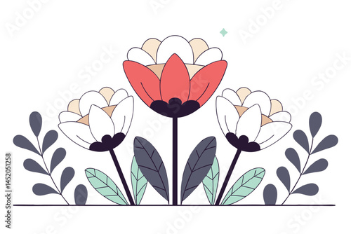 Petals shaped like upside down teacups curved and round at the base