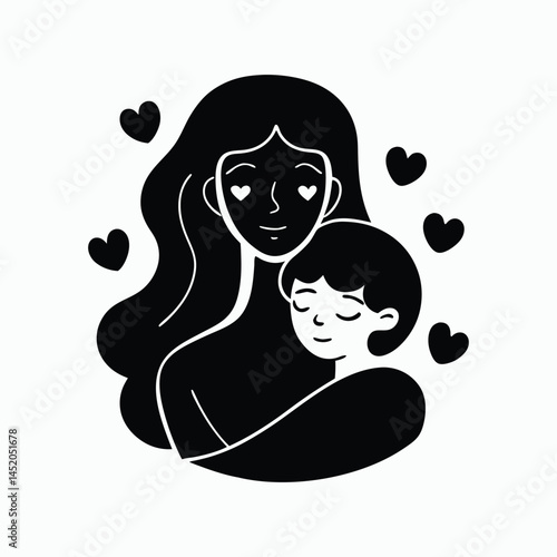  Mother and Daughter Silhouette With heart shape – Minimalist Black and White Embrace Illustration.