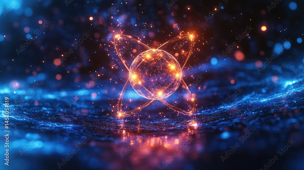 Obraz premium Glowing atom with energy, and dark background.