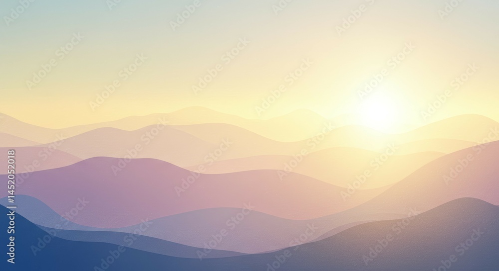 Layered Mountain Landscape with Sunrise and Soft Hues Layered Mountain Landscape with Sunrise and Soft Hues