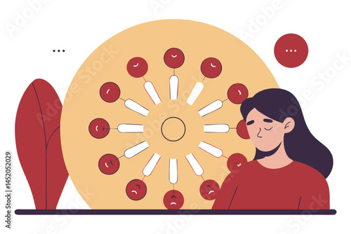 Rounded disc petals not touching each hovering around a central dot