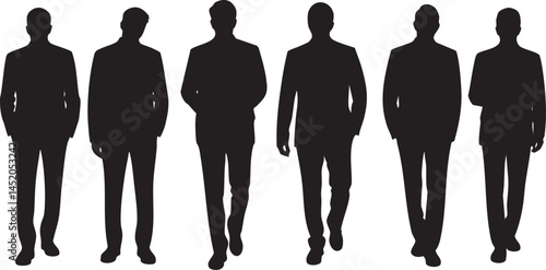 A collection of five black silhouettes of men in suits, walking away from the viewer.