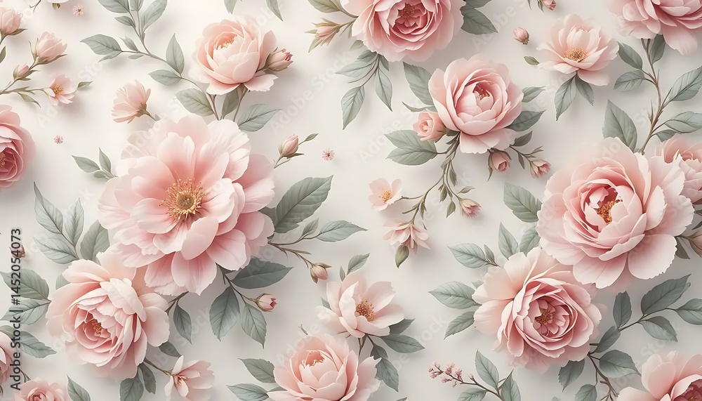 Fototapeta Delicate pink roses and gentle leaves create a soft, romantic floral pattern on light background.