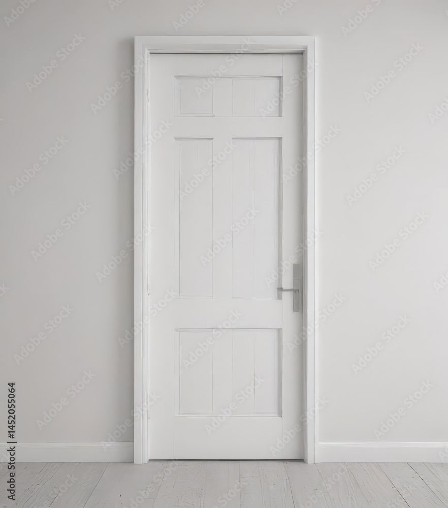 Clean white wood door, closed, minimalist handle , close-up, element Clean white wood door, closed, minimalist handle , close-up, element