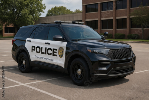 Modern Police SUV Vehicle Parked in a Public Lot, Showcasing Law Enforcement Readiness and Community Presence in a City Setting