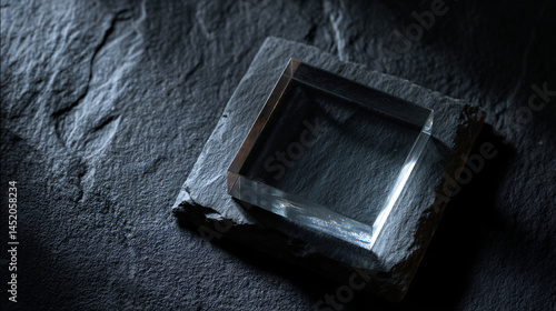 A clear acrylic foursquare positioned on dark slate stone offering a minimalist display against a contrasting background.