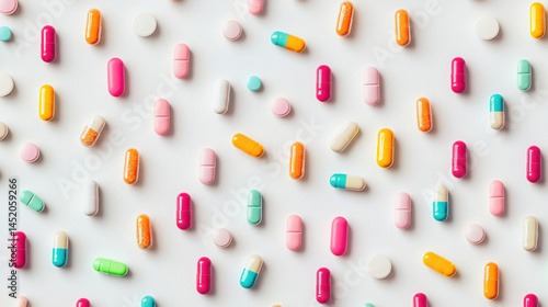 A colorful assortment of prescription medicine capsules and pills are scattered randomly across a clean white surface, creating a visually appealing pattern.