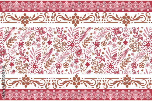 seamless border artwork. embroidery floral pattern. hand drawn sketch texture. textile one line design. botanical repeat outline. modern petal elements

