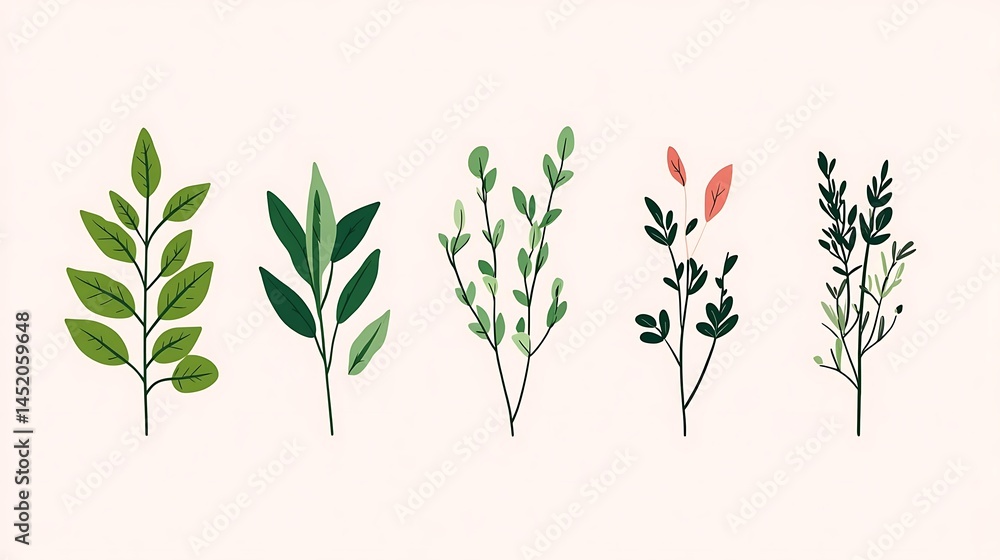 Fototapeta premium Green Leaf Botanical Illustrations.