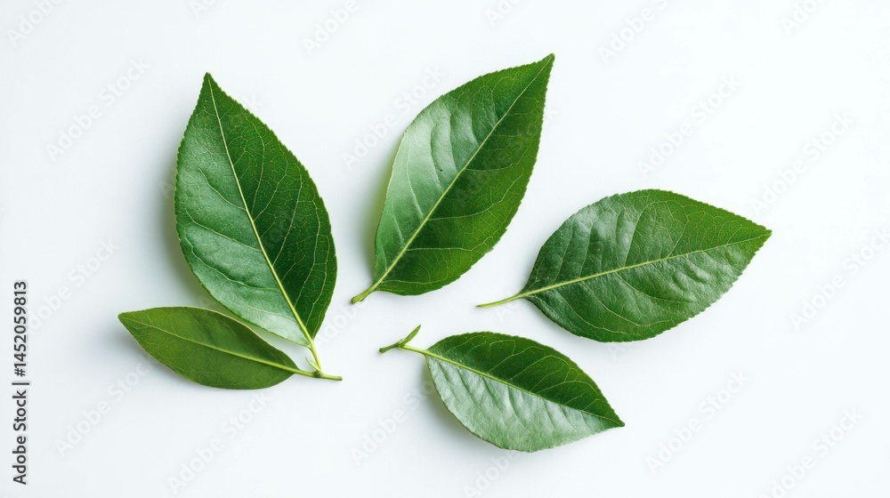 Five vibrant green leaves arranged on a clean white background. Five vibrant green leaves arranged on a clean white background.