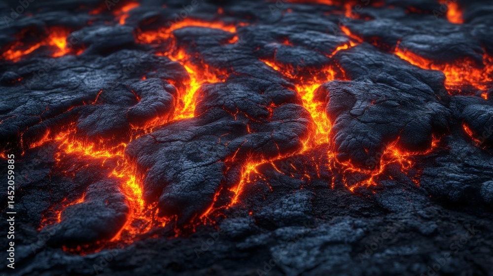 Molten lava flows over cracked, dark rock surface. Fiery orange lava streams through fissures Molten lava flows over cracked, dark rock surface. Fiery orange lava streams through fissures