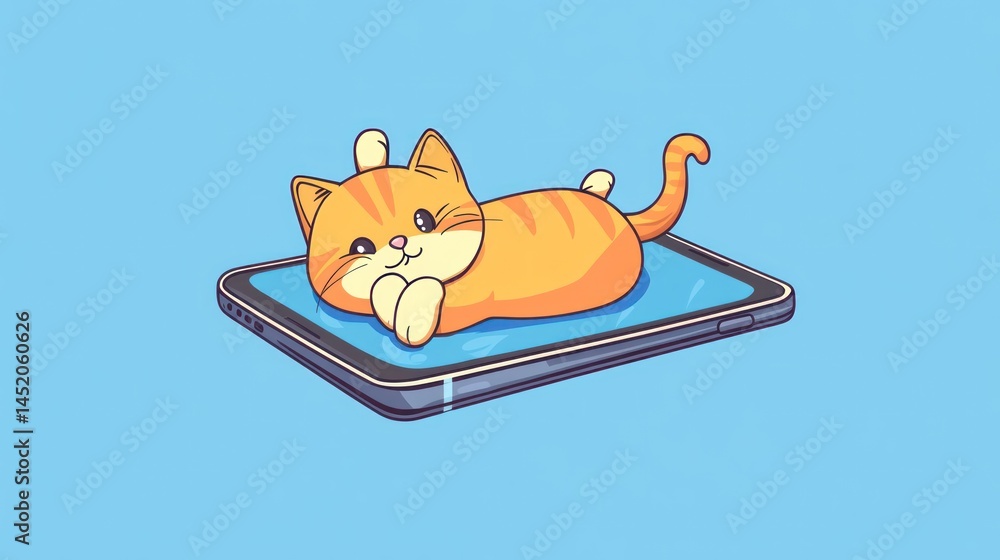 Fototapeta premium Cute ginger kitten relaxing on smartphone, blue background, technology, pet