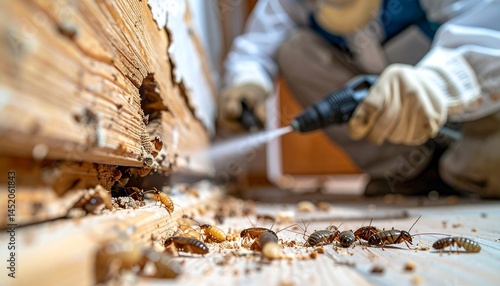 A pest control worker wearing protective gear and gloves is spraying termite treatment