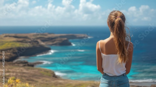 Woman enjoying the view of a breathtaking tropical island and turquoise sea.