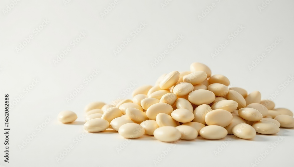 Close-up of a pile of white beans against a stark white backdrop, still life, pile, vegetarian Close-up of a pile of white beans against a stark white backdrop, still life, pile, vegetarian