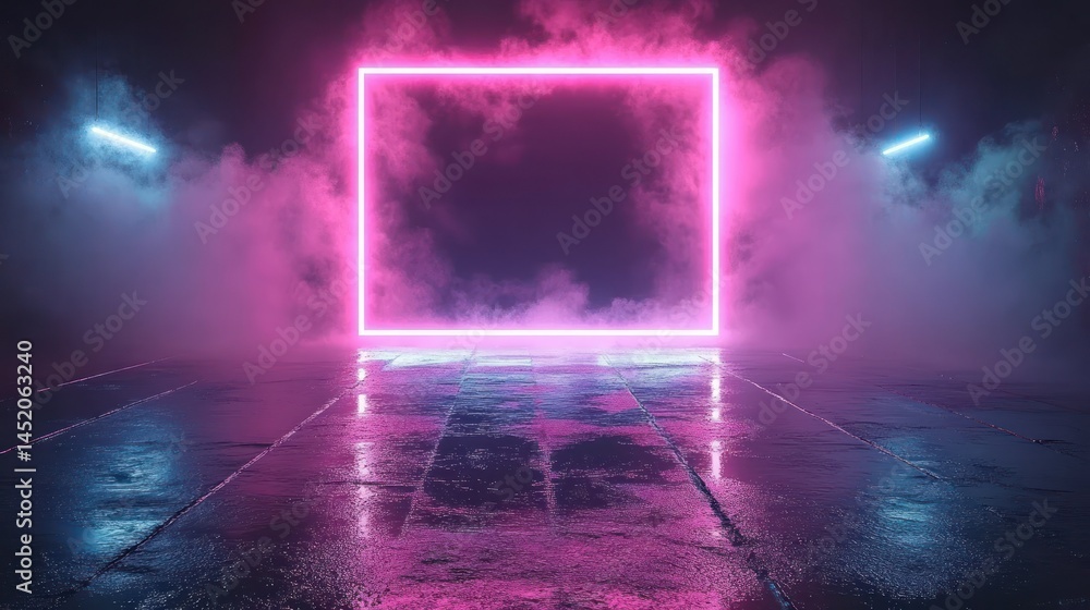 Obraz premium Neon square frame, smoky, wet floor, vibrant colors
