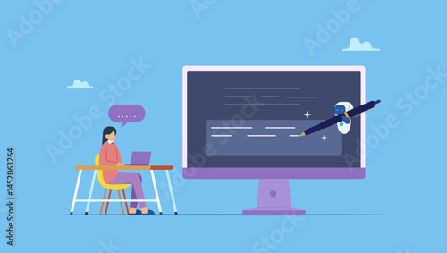 AI robot assistant writes captions for content creators, automated copywriting, Artificial intelligence creates articles, social media captions, or ads.