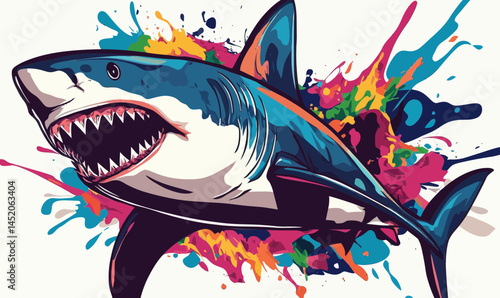 Vibrant Colorful Shark Illustration with Dynamic Paint Splashes in Minimalist Vector Style