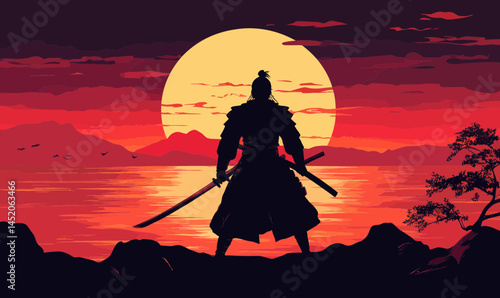 Samurai Warrior Silhouette at Sunset with Sword in Minimalist Art Style Vector