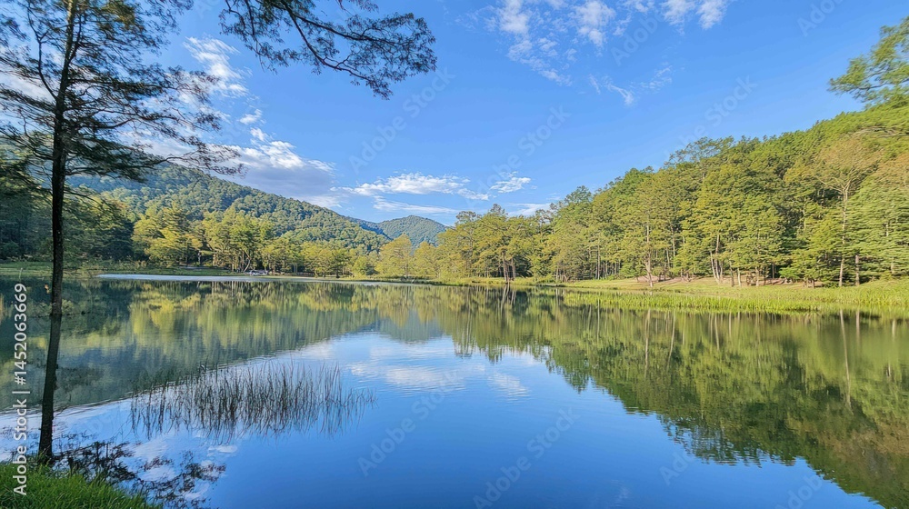 A serene lake reflects trees and sky, in a peaceful natural landscape. A serene lake reflects trees and sky, in a peaceful natural landscape.