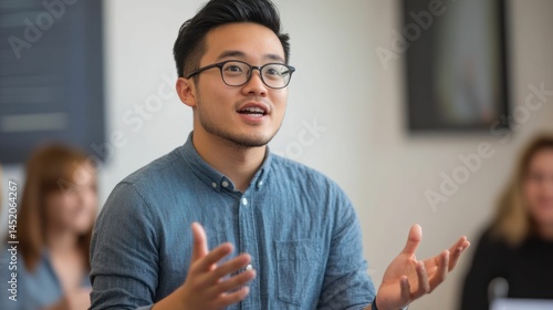 Asian man in glasses speaking during a meeting with a positive attitude.
