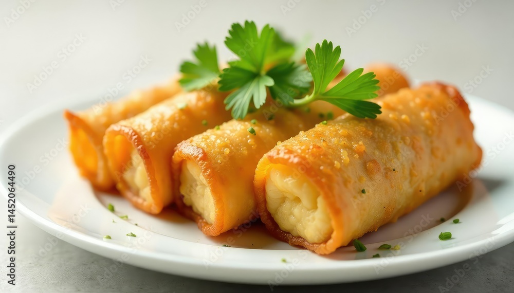 Crispy spring rolls, garnished with cilantro, on a white plate, shrimp, spring rolls