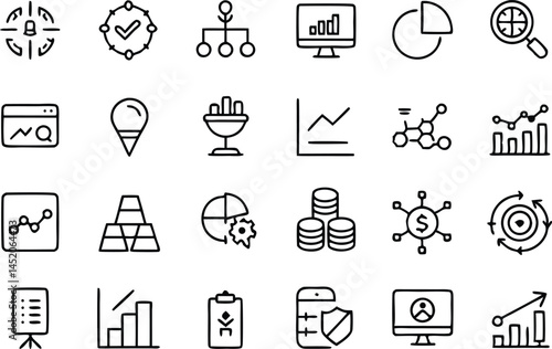 Detailed analysis themed vector icon set in a minimal outline style suitable for web design data analytics apps financial reporting and information visualization