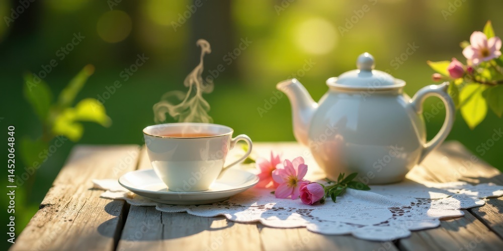 Fototapeta premium A serene outdoor tea setting with a steaming cup and teapot, adorned by delicate springtime blossoms on a rustic wooden table