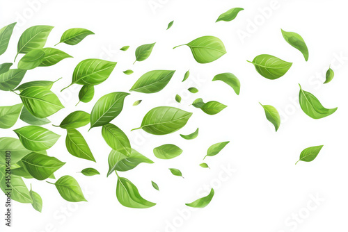 Green leaves floating upwards on white background