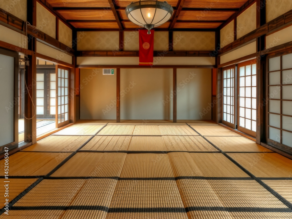 A large room with a red flag hanging from the ceiling. The room is empty and has a very simple design