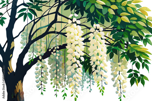 A watercolor illustration of a Black Locust Tree (Robinia pseudoacacia), with compound leaves and white hanging flowers, isolated on a white background. 